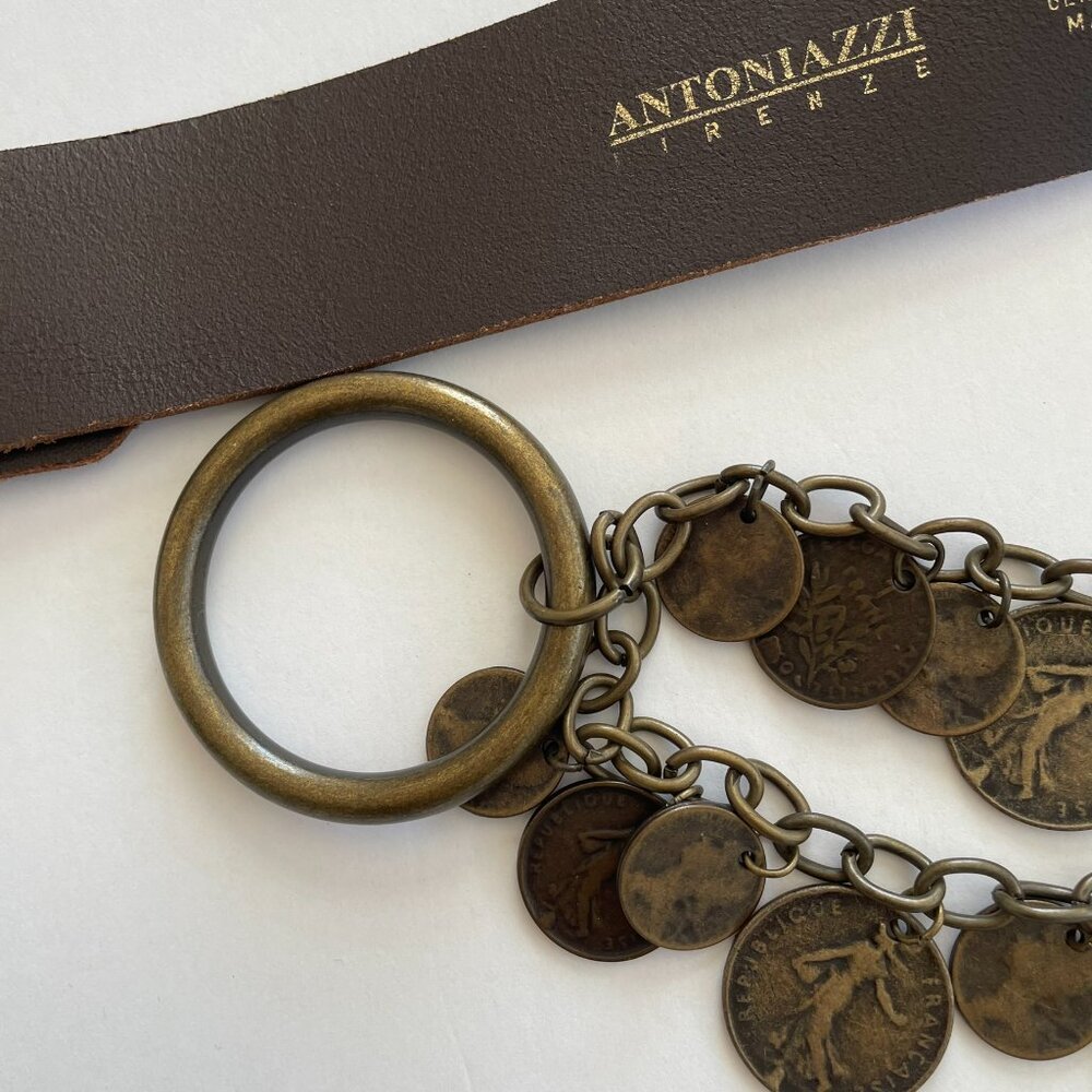 Antoniazzi Brown Leather Belt with Coin Chain Accents Handcrafted in Italy. - Picture 14 of 15